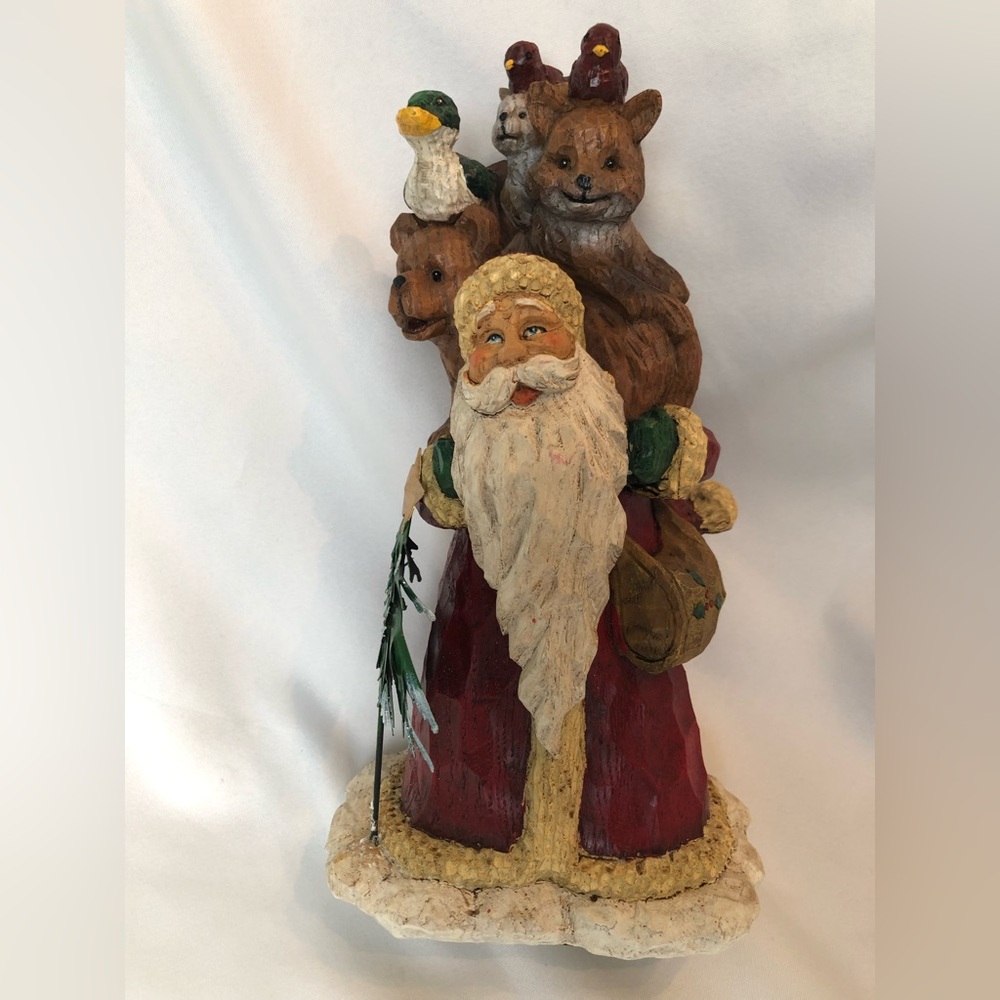 Santa Claus Figurine Woodland Animals Rustic Carved Look Christmas Decoration